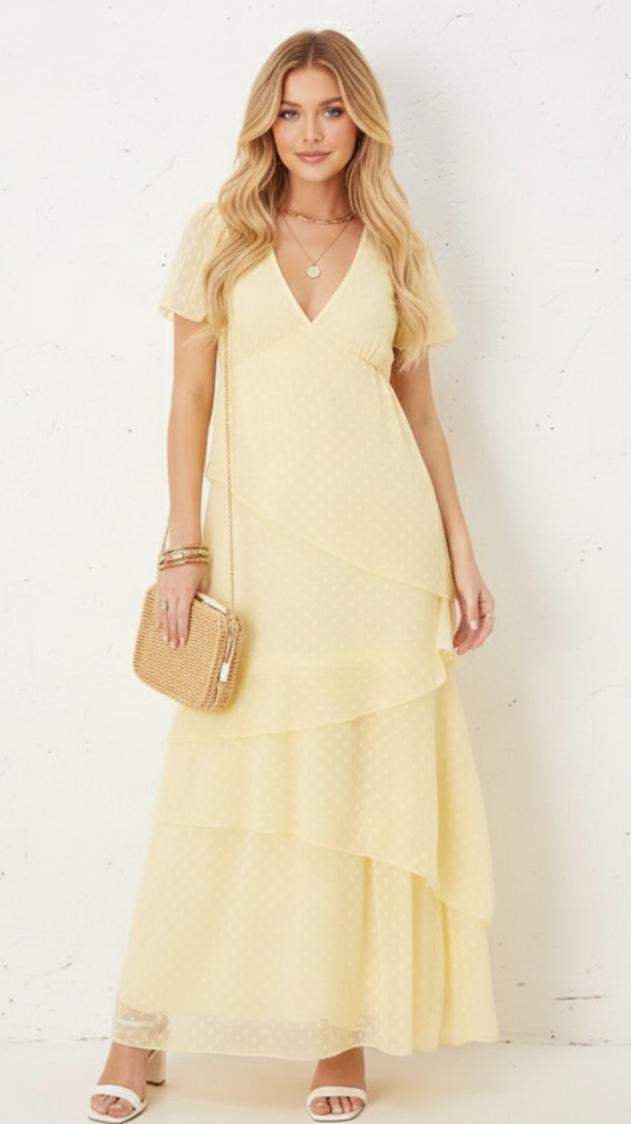 Sukienka elegancka VILA z falbankami żółta maxi