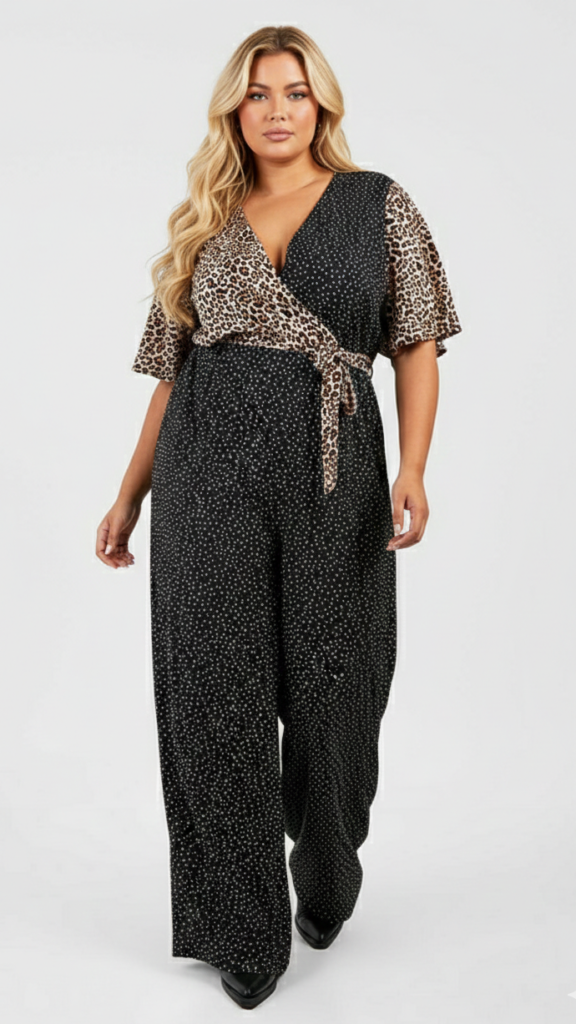 Kombinezon Boohoo czarny z panterką kopertowy